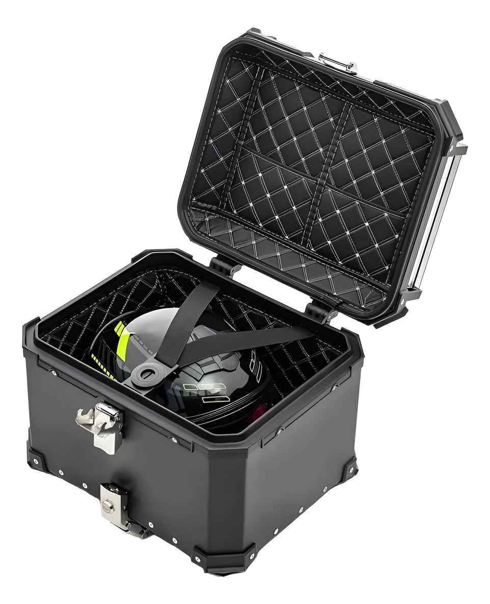 Baú Bauleto Moto Encosto Suporte Aluminio 45l C/forro E Base